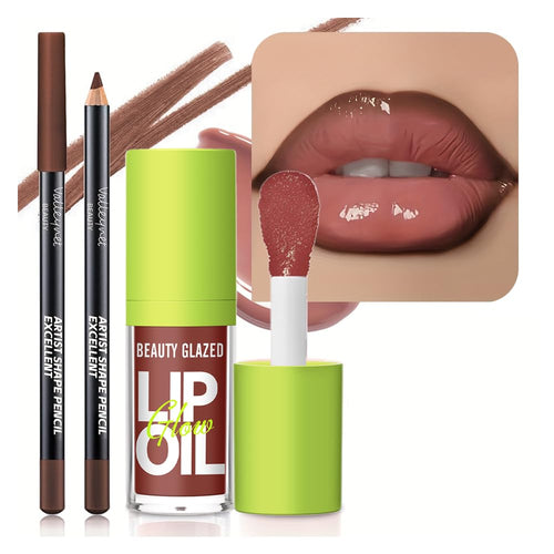 2Pcs Lip Gloss & Lip Liner Set – Rosewood Nude, 90S Ombre Lips, Retro Gradient Lip, Plumping Effect, Full Volume Lips, High Shine Gloss, Viral Lip Combo, Fuller Looking Lips, Glassy Lip (#V10+107)