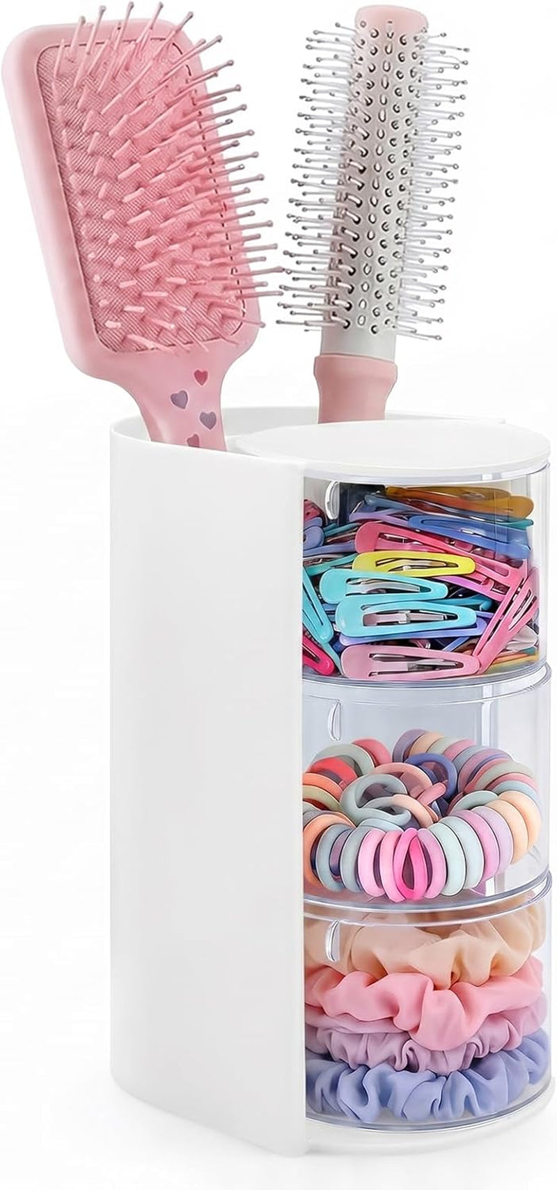 Hair Accessories Organizer with Hair Brush Holder, Rotating Hair Tie Product Organizer for Girls, 3-Tier Makeup Brush Holder for Clips, Bows & Brushes (White, 3-Tier)