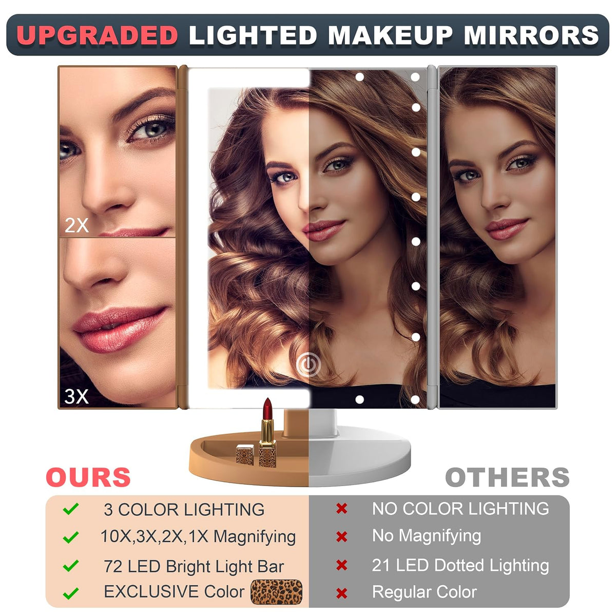 Roledo Lighted Makeup Mirror with Magnification 2X 3X 10X, Trifold Vanity Mirror with Lights, 72 LED Mirror, Touch Screen, 3 Color Lighting, Dual Power, Leopard Print, Gifts for Women, Cheetah Print
