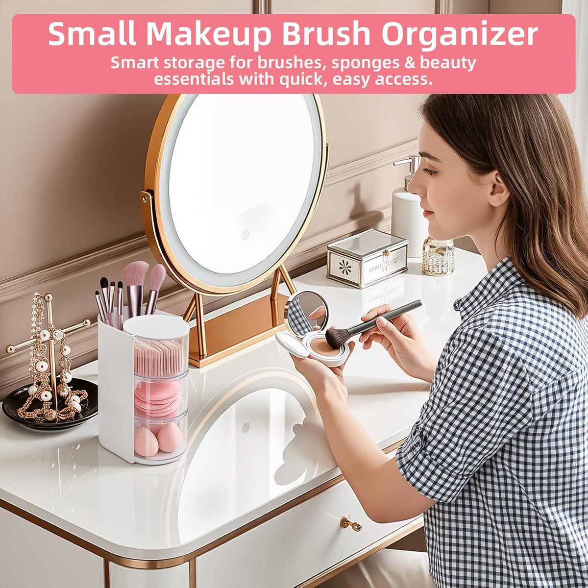 Hair Accessories Organizer with Hair Brush Holder, Rotating Hair Tie Product Organizer for Girls, 3-Tier Makeup Brush Holder for Clips, Bows & Brushes (White, 3-Tier)
