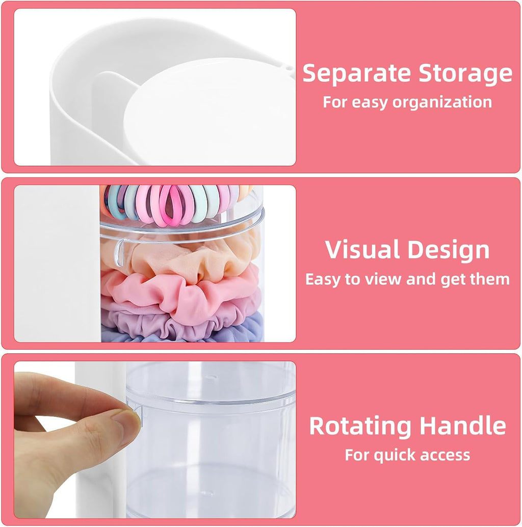 Hair Accessories Organizer with Hair Brush Holder, Rotating Hair Tie Product Organizer for Girls, 3-Tier Makeup Brush Holder for Clips, Bows & Brushes (White, 3-Tier)