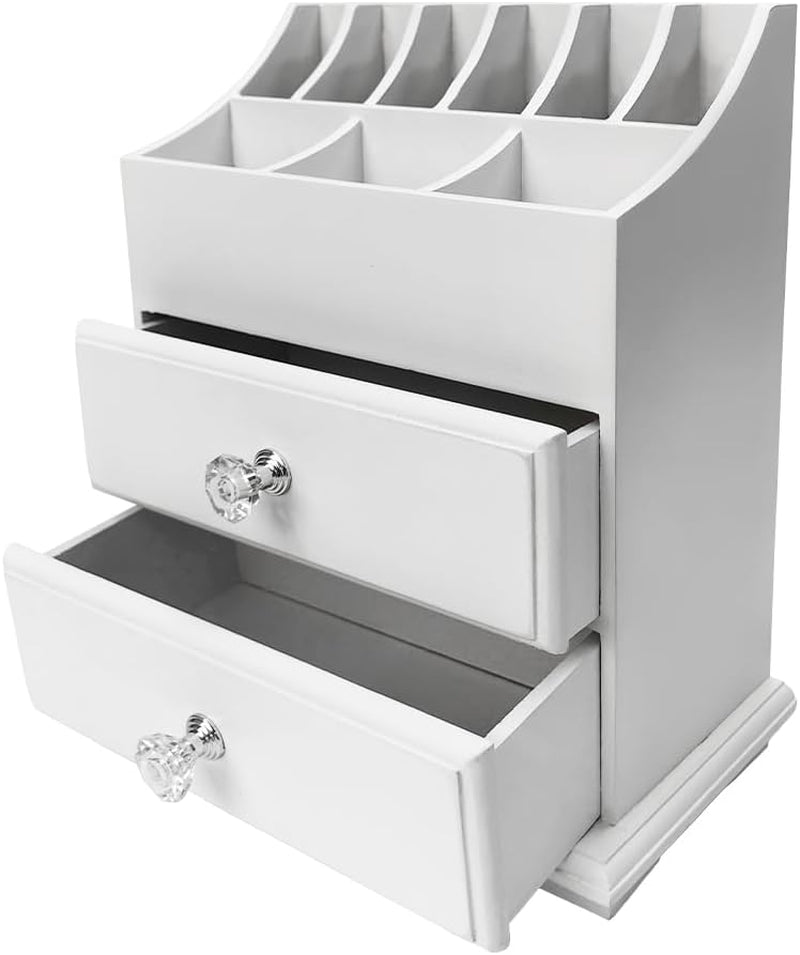 White Wood Cosmetics Organizer Makeup & Beauty Accessories Storage Rack with Drawers for Neat & Organize Storing of Makeup Tools Small Accessories at Home & Office Vanities & Bathroom Counter-Top