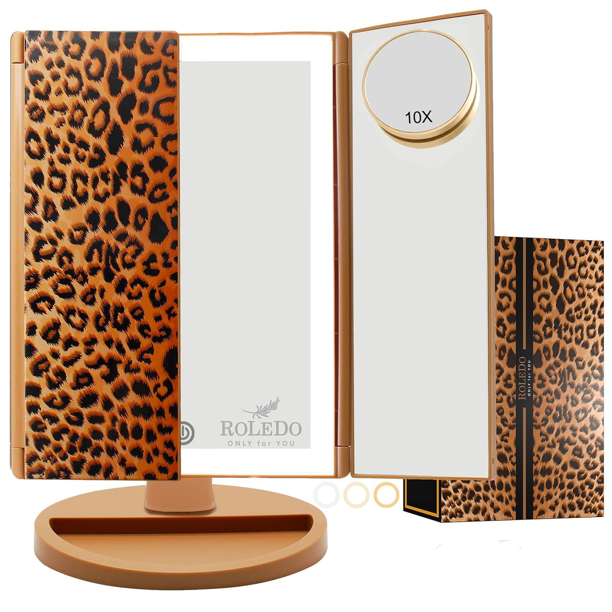 Roledo Lighted Makeup Mirror with Magnification 2X 3X 10X, Trifold Vanity Mirror with Lights, 72 LED Mirror, Touch Screen, 3 Color Lighting, Dual Power, Leopard Print, Gifts for Women, Cheetah Print