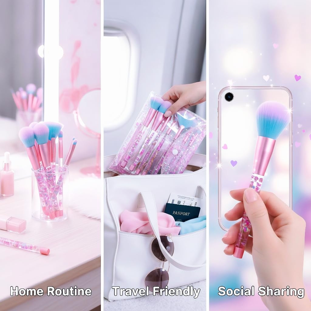 Unicorn Fan Makeup Brush Set,Crystal Sparkles Blue Blush Powder Fan Lip Eye Shadow Eyebrow Eye Blender Brush in Set
