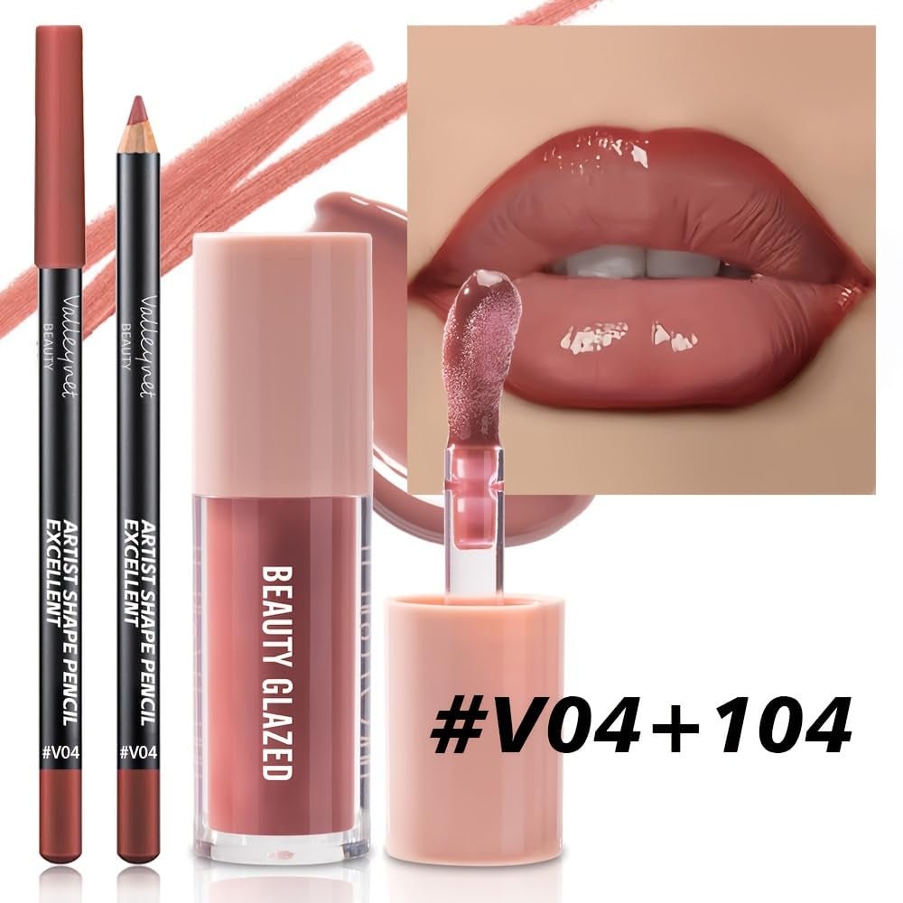 2Pcs/Set Lip Gloss & Lip Liner Set Berry Mauve – Lip Plumping Effect Lip Combo Set for Juicy Plump Lips, Fuller Looking Lips, Gradient Lips & Glass Lips Look, High Shine Volume Lips Viral Lip Combo