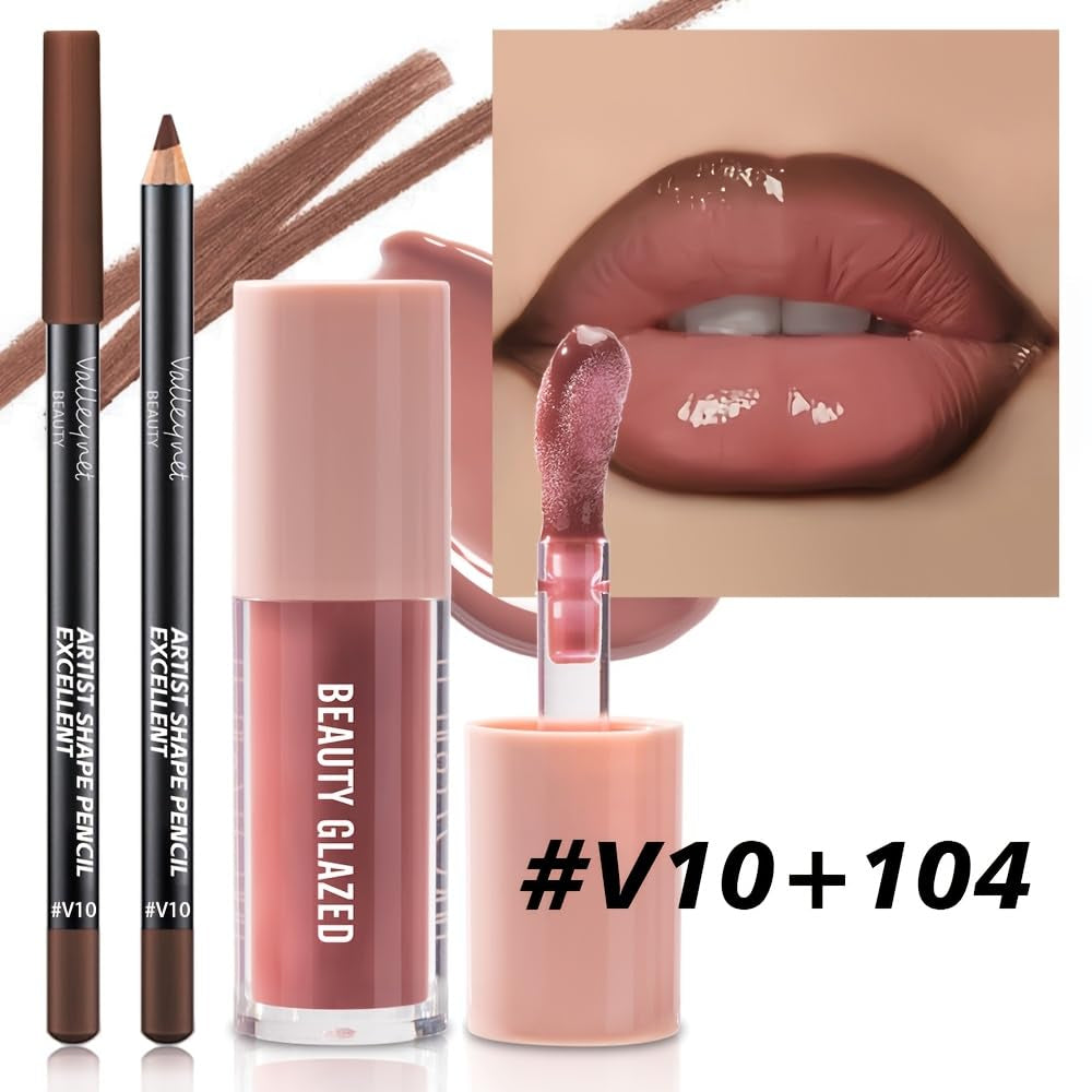 2Pcs/Set Lip Gloss & Lip Liner Set Berry Mauve – Lip Plumping Effect Lip Combo Set for Juicy Plump Lips, Fuller Looking Lips, Gradient Lips & Glass Lips Look, High Shine Volume Lips Viral Lip Combo