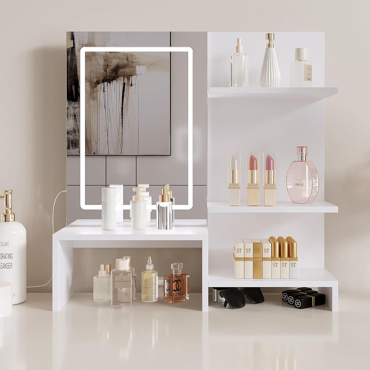 Vanity Mirror with Storage - White Table Top Vanity Mirror with Lights, 3 Color Adjustable Lighting, Desktop Makeup Mirror with 3 Tier Shelf, 21.6" Tabletop Vanity for Dresser Top Small Bedroom