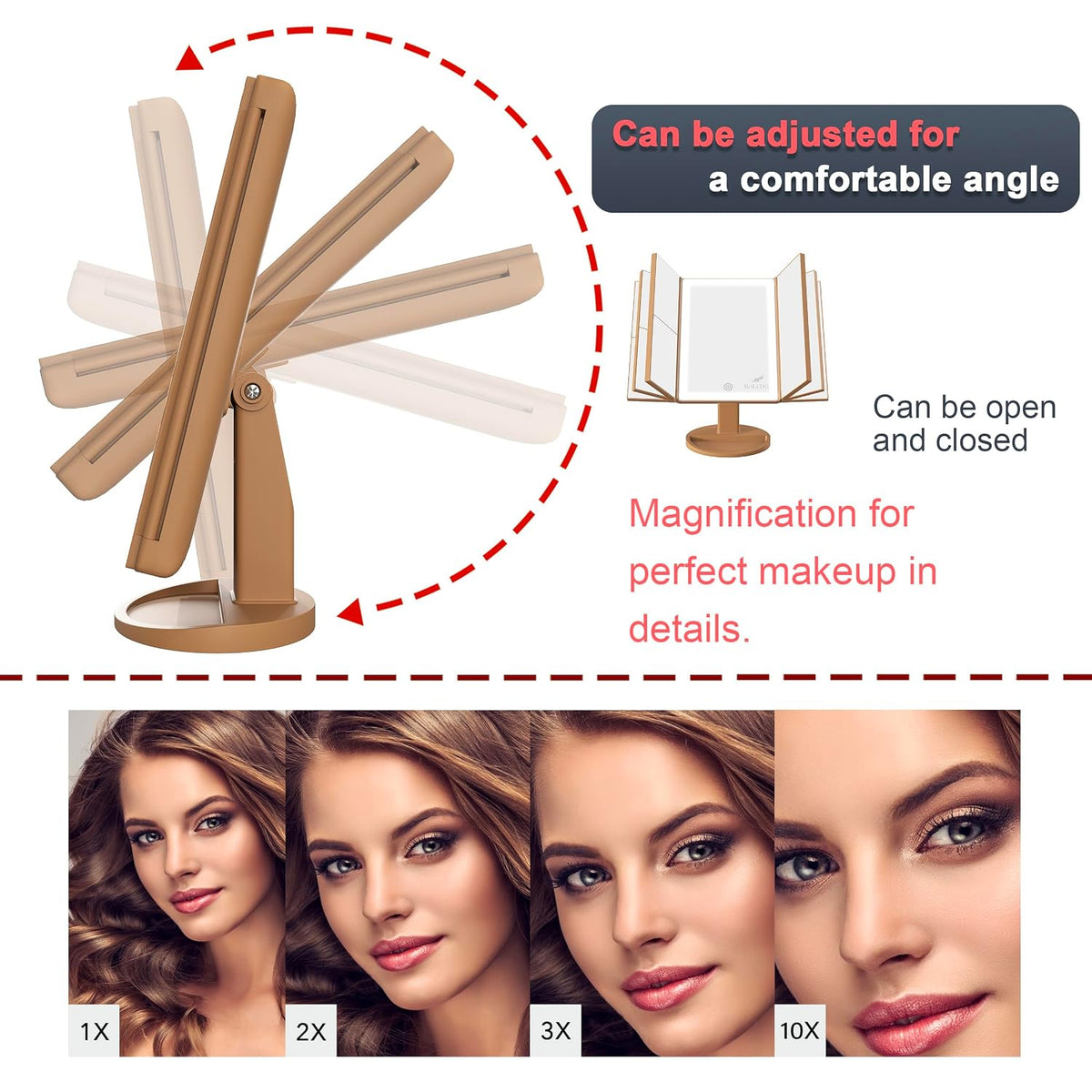Roledo Lighted Makeup Mirror with Magnification 2X 3X 10X, Trifold Vanity Mirror with Lights, 72 LED Mirror, Touch Screen, 3 Color Lighting, Dual Power, Leopard Print, Gifts for Women, Cheetah Print