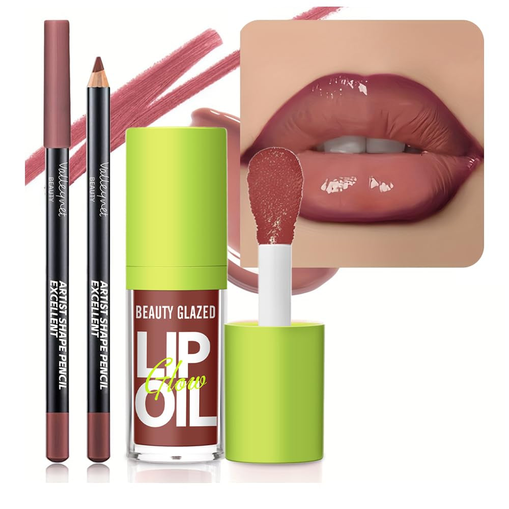 2Pcs Lip Gloss & Lip Liner Set – Rosewood Nude, 90S Ombre Lips, Retro Gradient Lip, Plumping Effect, Full Volume Lips, High Shine Gloss, Viral Lip Combo, Fuller Looking Lips, Glassy Lip (#V10+107)