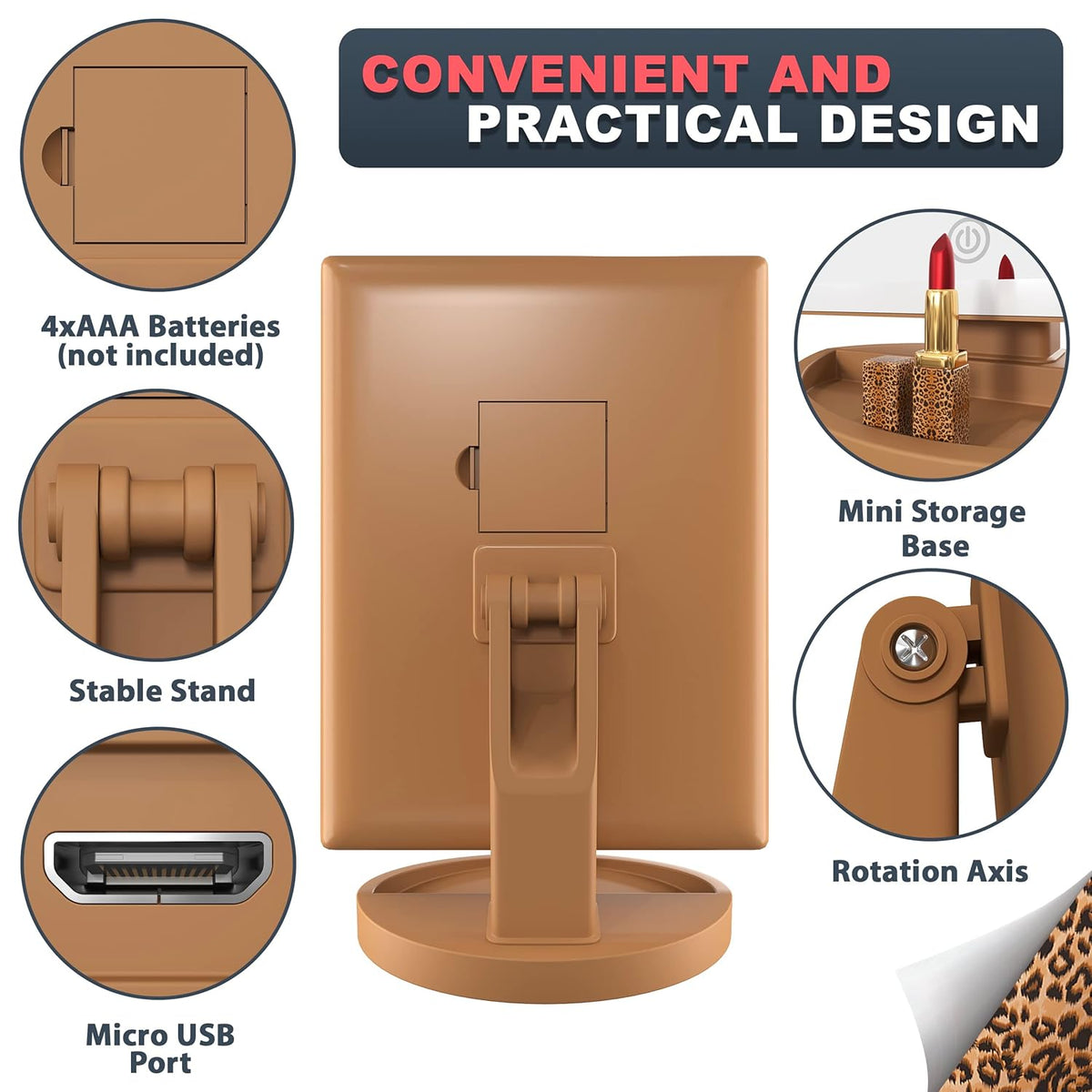 Roledo Lighted Makeup Mirror with Magnification 2X 3X 10X, Trifold Vanity Mirror with Lights, 72 LED Mirror, Touch Screen, 3 Color Lighting, Dual Power, Leopard Print, Gifts for Women, Cheetah Print