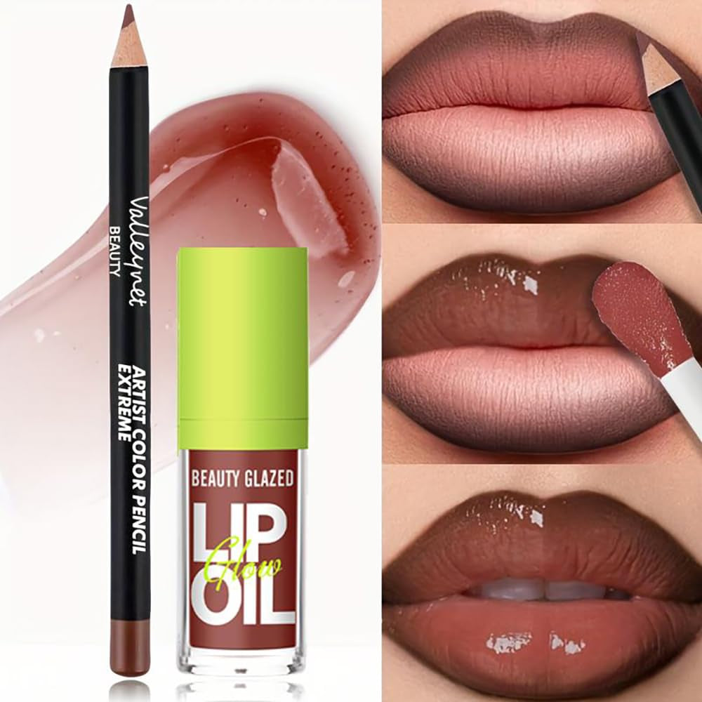 2Pcs Lip Gloss & Lip Liner Set – Rosewood Nude, 90S Ombre Lips, Retro Gradient Lip, Plumping Effect, Full Volume Lips, High Shine Gloss, Viral Lip Combo, Fuller Looking Lips, Glassy Lip (#V10+107)
