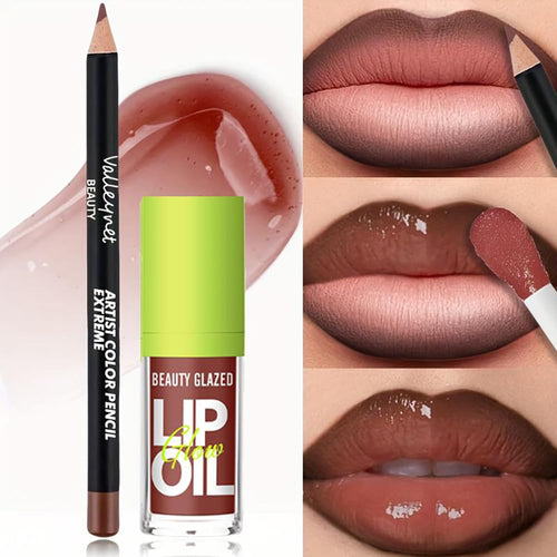 2Pcs Lip Gloss & Lip Liner Set – Rosewood Nude, 90S Ombre Lips, Retro Gradient Lip, Plumping Effect, Full Volume Lips, High Shine Gloss, Viral Lip Combo, Fuller Looking Lips, Glassy Lip (#V10+107)