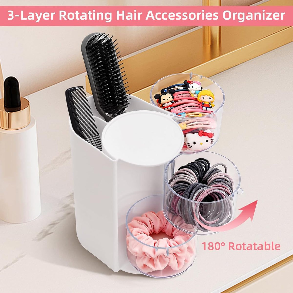 Hair Accessories Organizer with Hair Brush Holder, Rotating Hair Tie Product Organizer for Girls, 3-Tier Makeup Brush Holder for Clips, Bows & Brushes (White, 3-Tier)