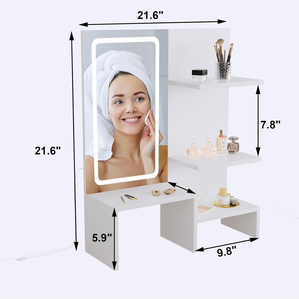 Vanity Mirror with Storage - White Table Top Vanity Mirror with Lights, 3 Color Adjustable Lighting, Desktop Makeup Mirror with 3 Tier Shelf, 21.6" Tabletop Vanity for Dresser Top Small Bedroom