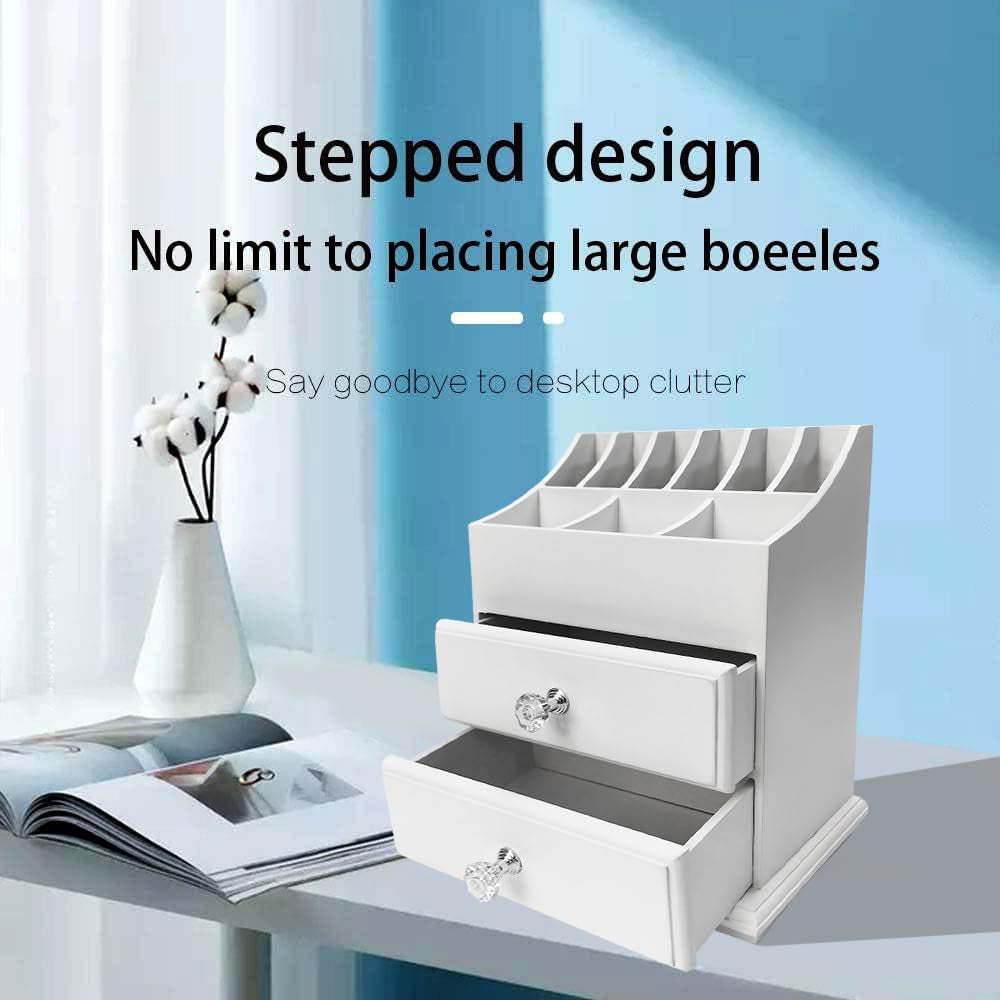 White Wood Cosmetics Organizer Makeup & Beauty Accessories Storage Rack with Drawers for Neat & Organize Storing of Makeup Tools Small Accessories at Home & Office Vanities & Bathroom Counter-Top