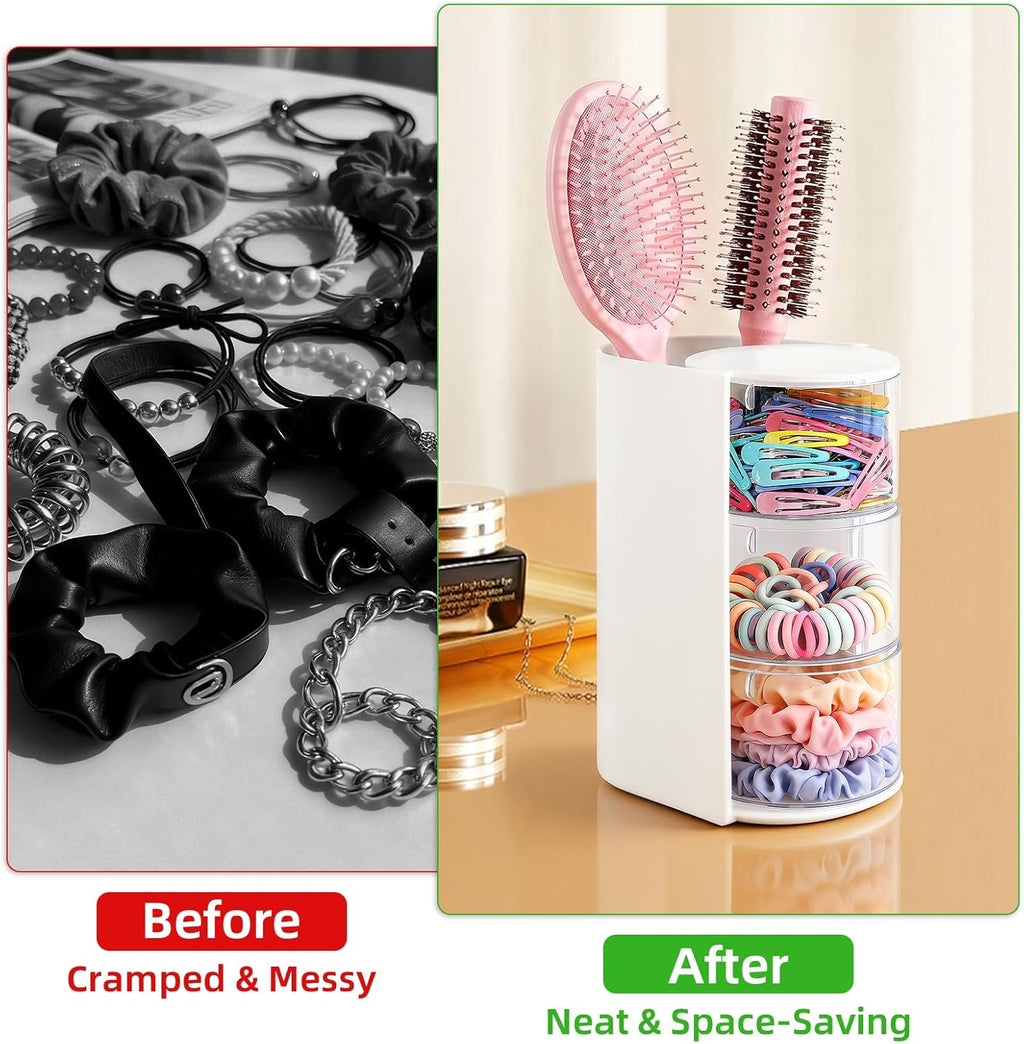 Hair Accessories Organizer with Hair Brush Holder, Rotating Hair Tie Product Organizer for Girls, 3-Tier Makeup Brush Holder for Clips, Bows & Brushes (White, 3-Tier)