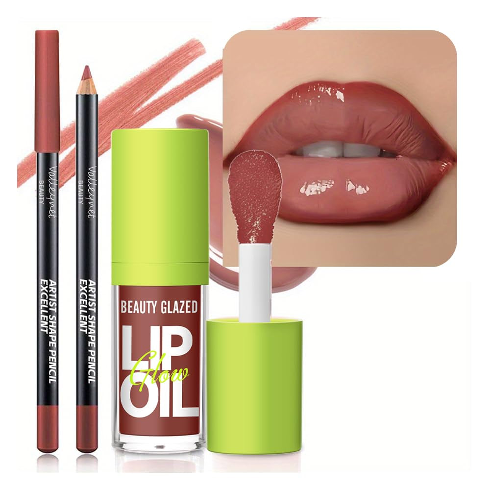 2Pcs Lip Gloss & Lip Liner Set – Rosewood Nude, 90S Ombre Lips, Retro Gradient Lip, Plumping Effect, Full Volume Lips, High Shine Gloss, Viral Lip Combo, Fuller Looking Lips, Glassy Lip (#V10+107)
