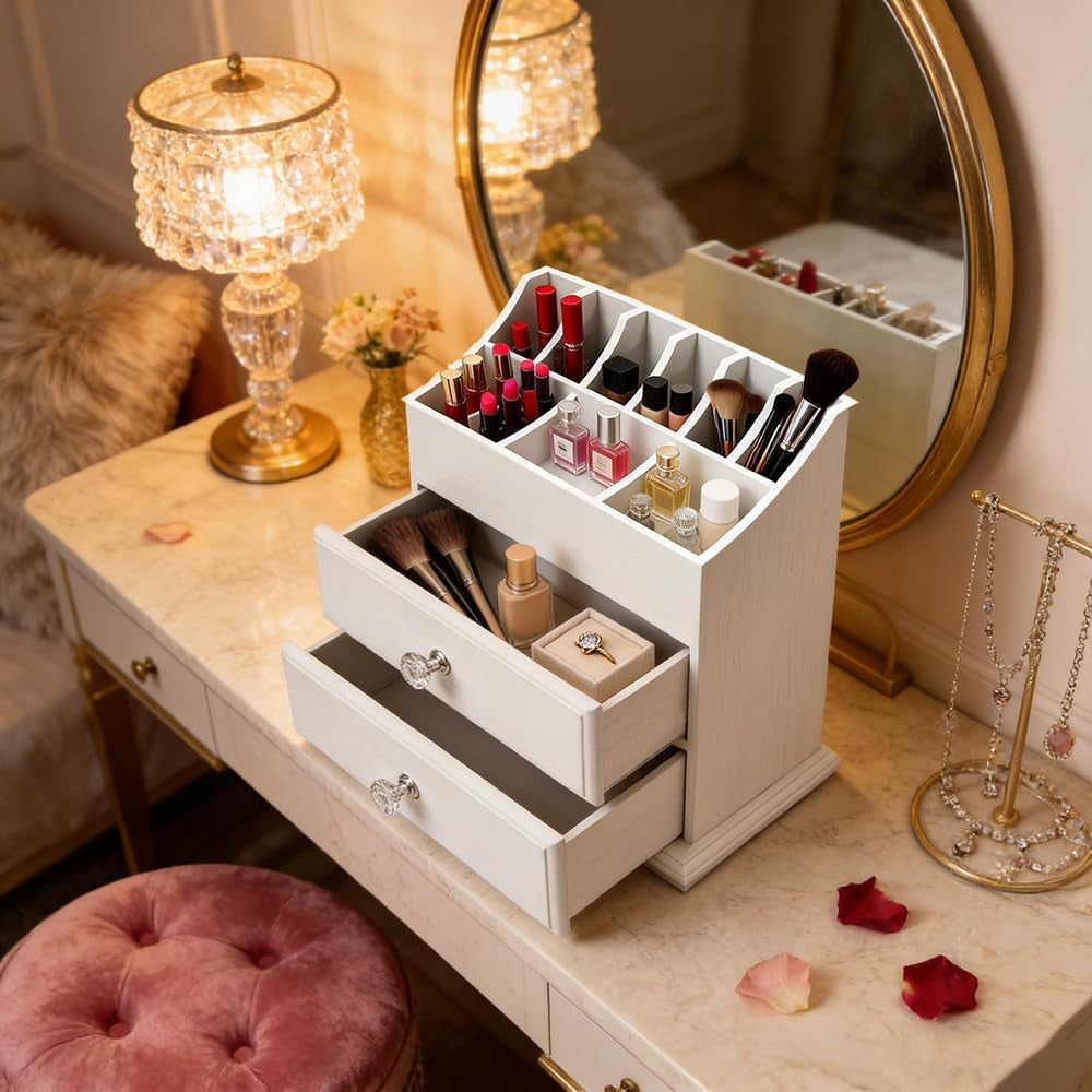 White Wood Cosmetics Organizer Makeup & Beauty Accessories Storage Rack with Drawers for Neat & Organize Storing of Makeup Tools Small Accessories at Home & Office Vanities & Bathroom Counter-Top