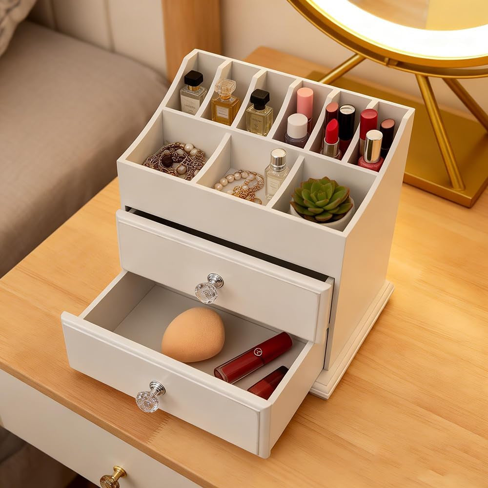 White Wood Cosmetics Organizer Makeup & Beauty Accessories Storage Rack with Drawers for Neat & Organize Storing of Makeup Tools Small Accessories at Home & Office Vanities & Bathroom Counter-Top