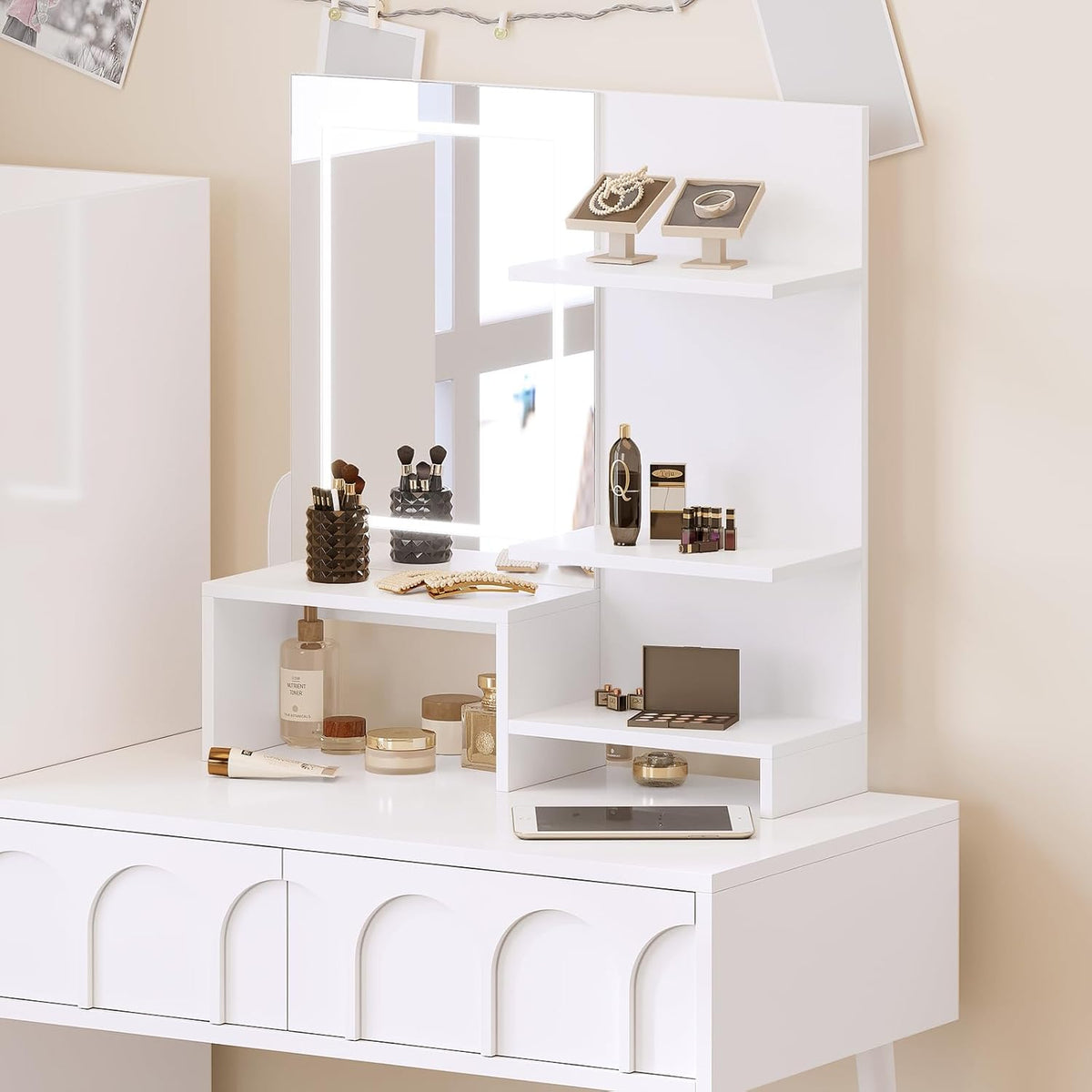 Vanity Mirror with Storage - White Table Top Vanity Mirror with Lights, 3 Color Adjustable Lighting, Desktop Makeup Mirror with 3 Tier Shelf, 21.6" Tabletop Vanity for Dresser Top Small Bedroom
