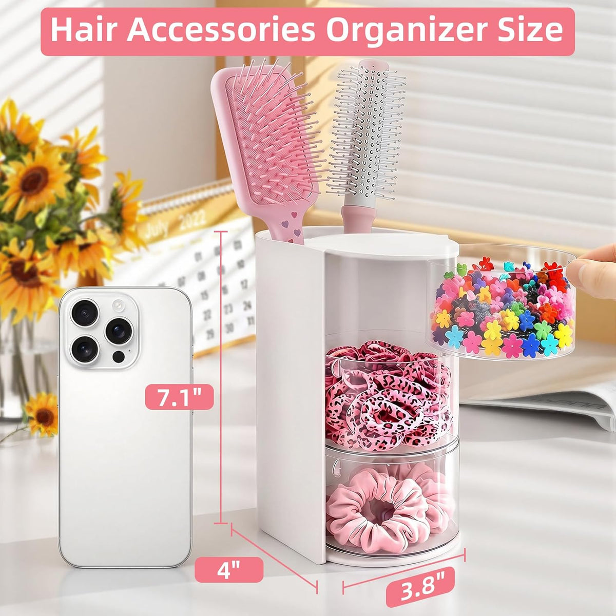 Hair Accessories Organizer with Hair Brush Holder, Rotating Hair Tie Product Organizer for Girls, 3-Tier Makeup Brush Holder for Clips, Bows & Brushes (White, 3-Tier)